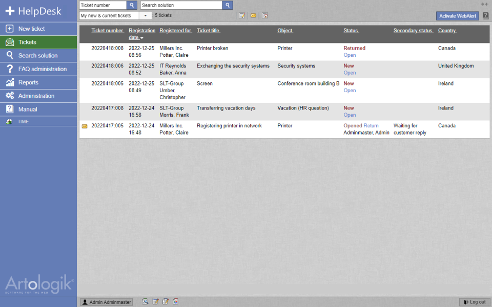 screenshot of Artologik HelpDesk